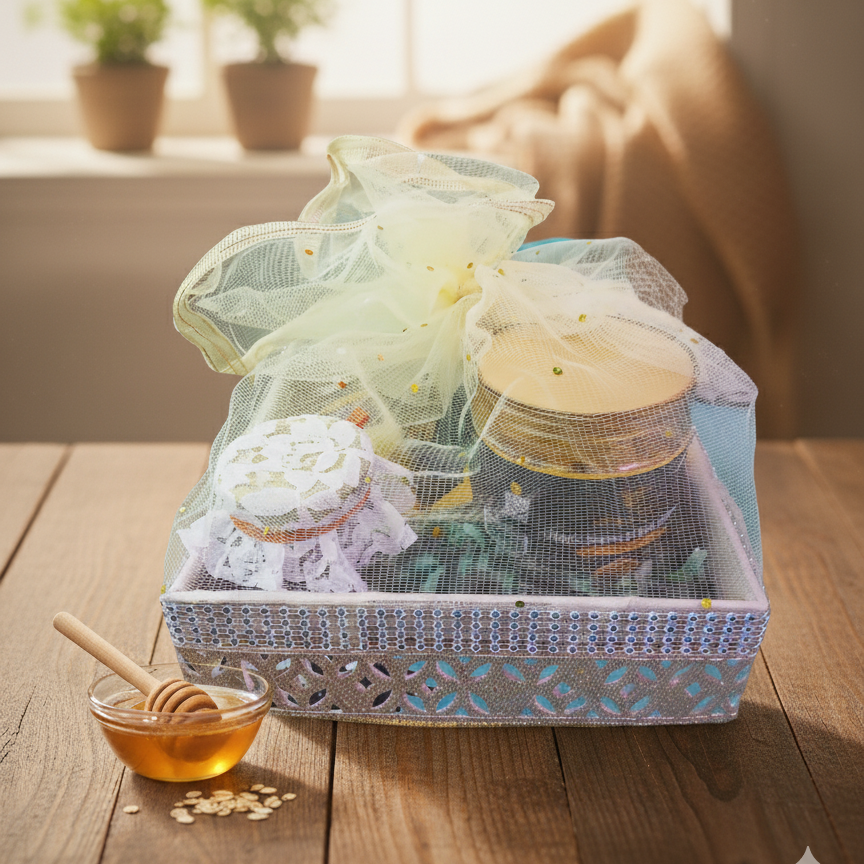 Gift basket with honey and healthy food products in a decorative hamper box